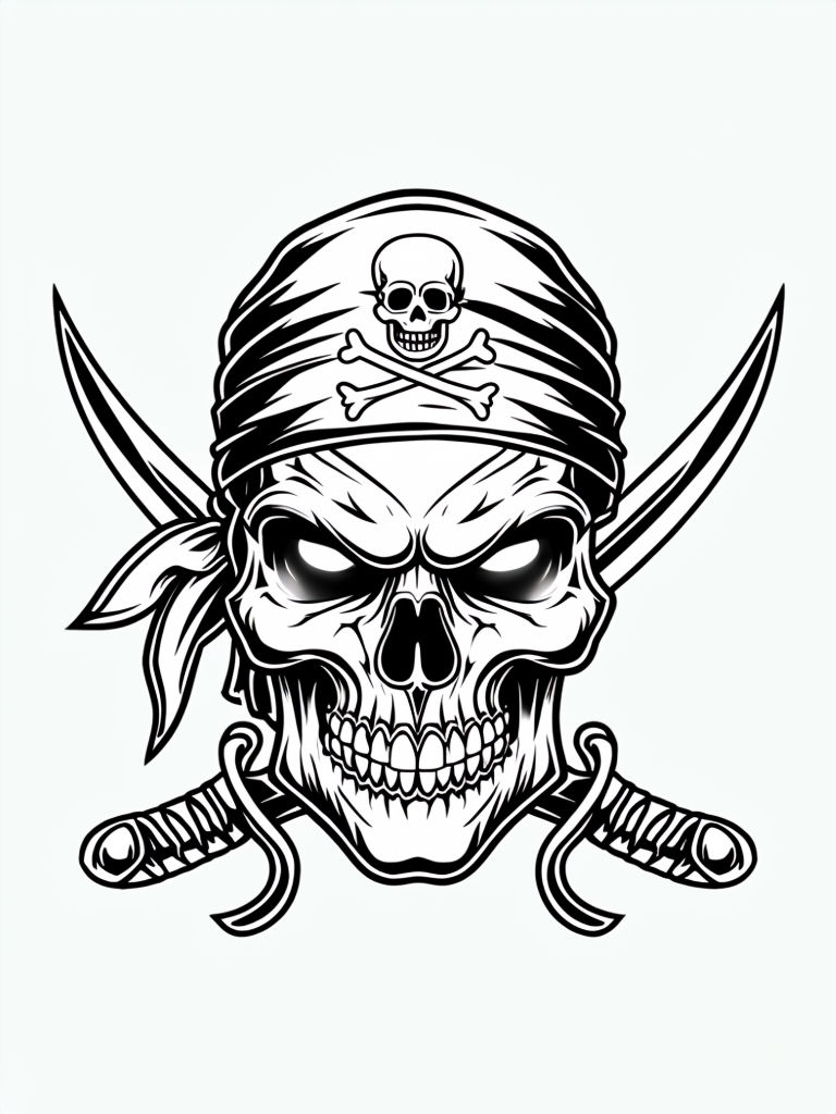 Horror Skull Tattoo Illustration with Pirate Symbols Coloring Book Pages