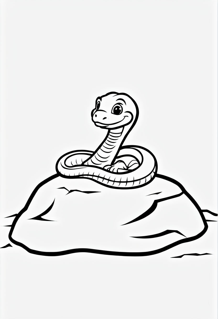 Friendly Cartoon Snake on a Rock Line Drawing Coloring Book Pages
