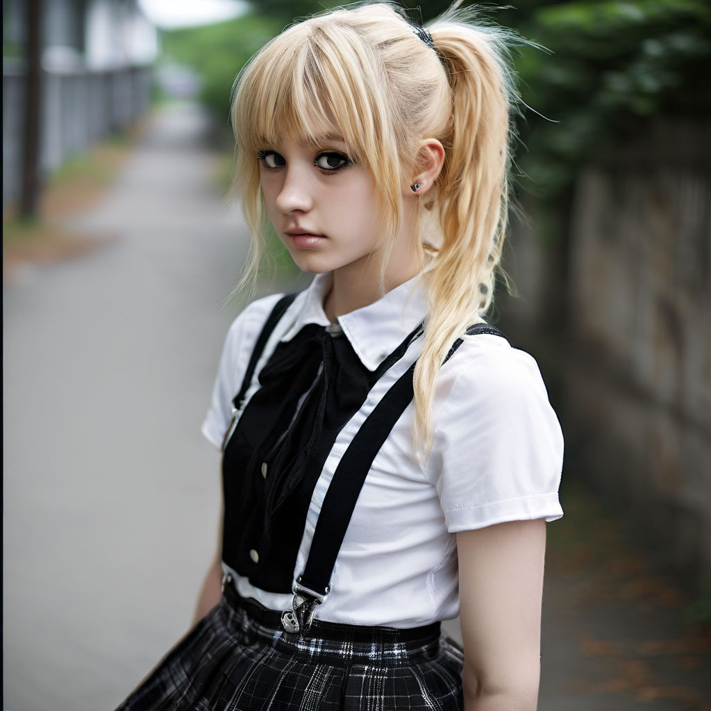 Emo teen with blonde hair ponytails and in a skirt. by randomo whetev ...