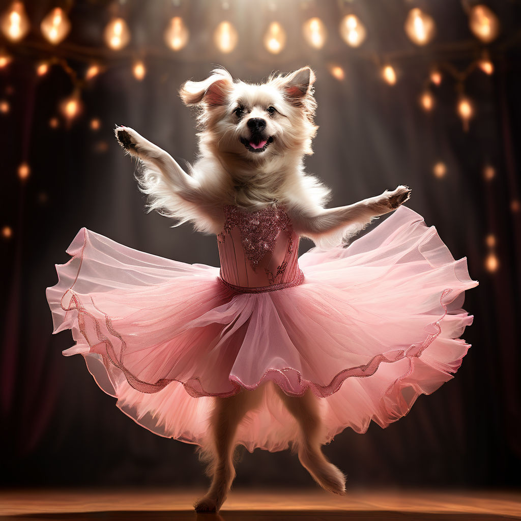 Closeup. photography. SNOOP DOG as a ballerina