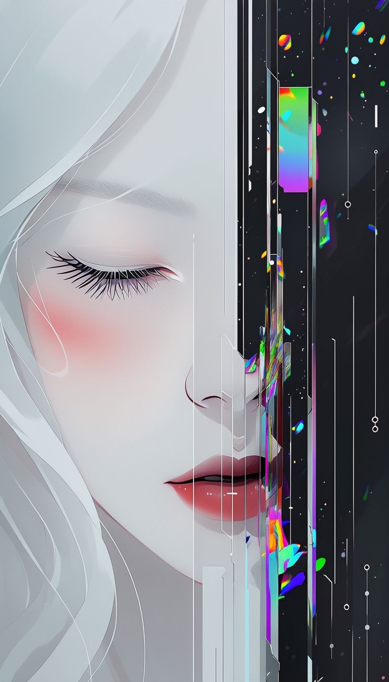 "Serene Woman's Face Split Illustration with Glitch Art Effects Mobile Wallpaper"