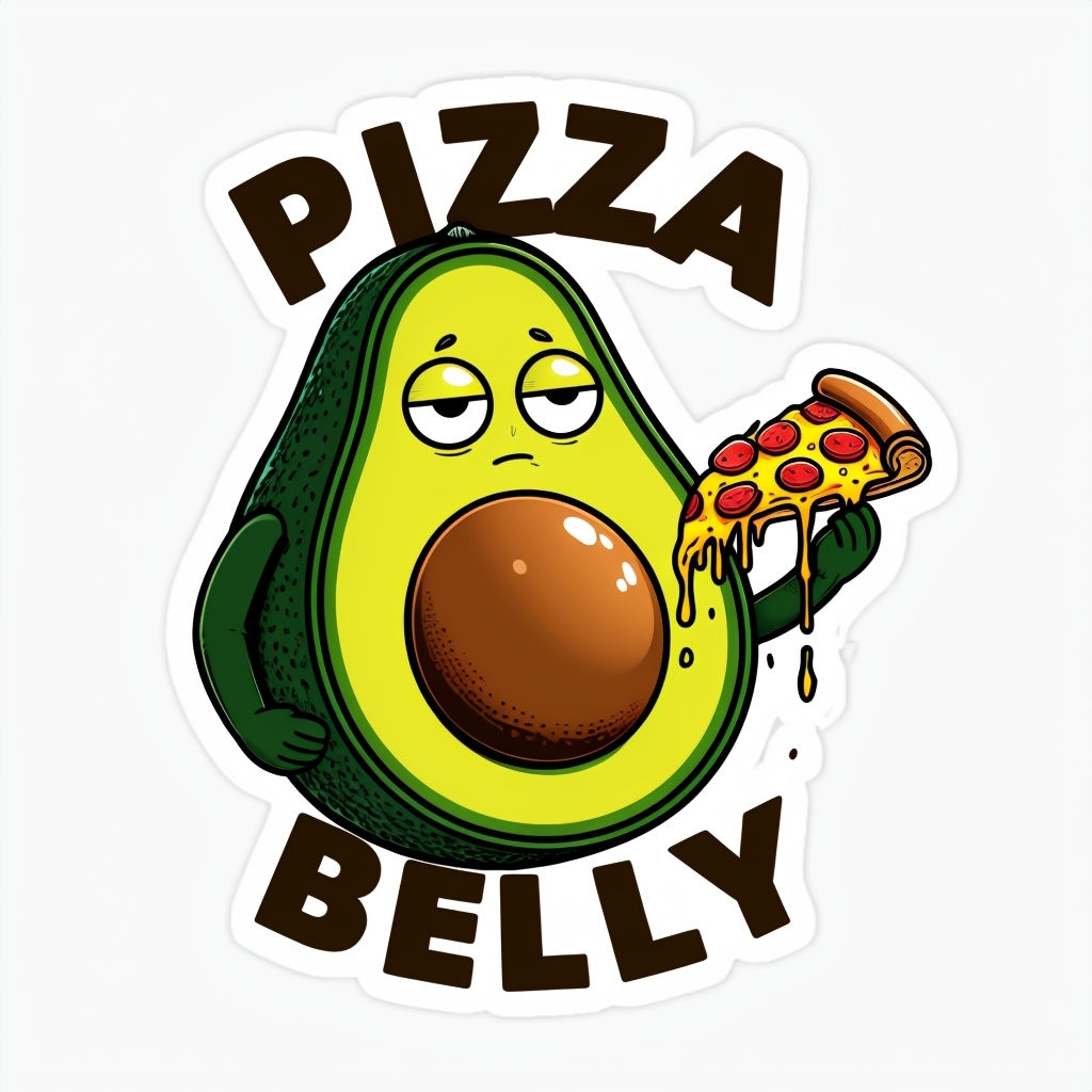 Whimsical Cartoon Avocado with Pizza Slice and Text Sticker