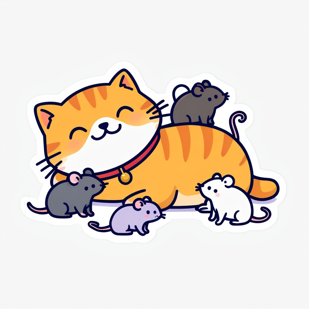 Content Orange Tabby Cat with Mice Cartoon Sticker