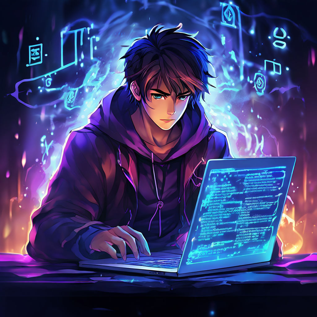 Anime-style character coding on a laptop by Joelson Lins - Playground