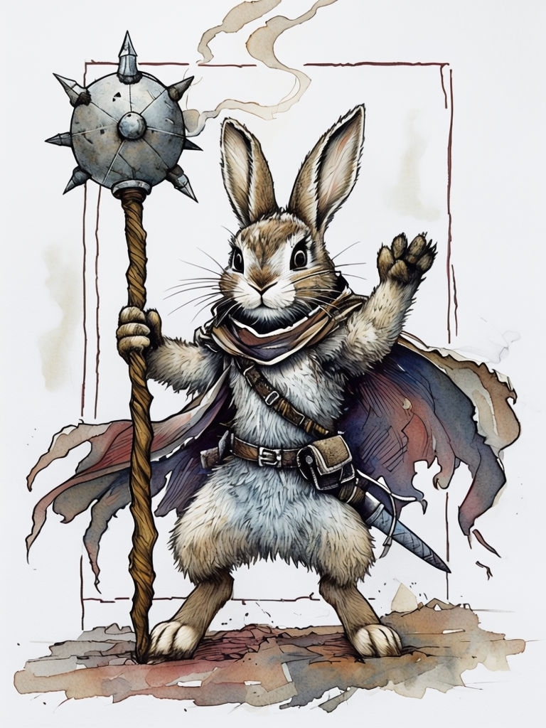 Whimsical Rabbit Warrior in Heroic Pose Watercolor Art