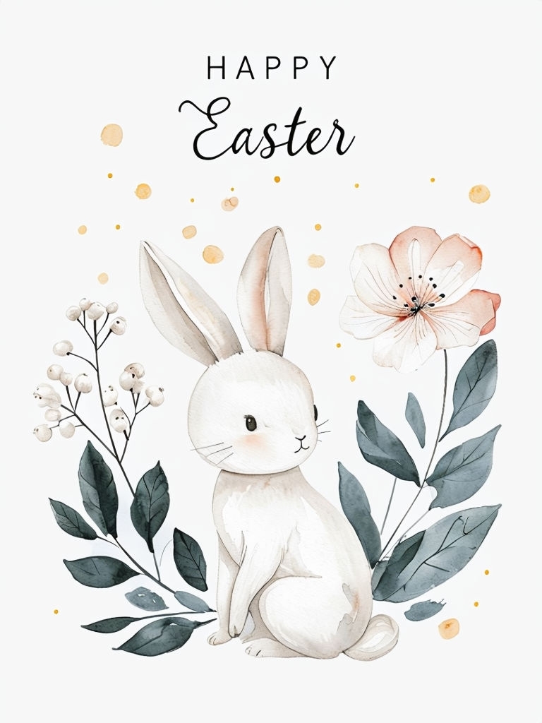 Whimsical Watercolor Bunny with Flowers Happy Easter Card