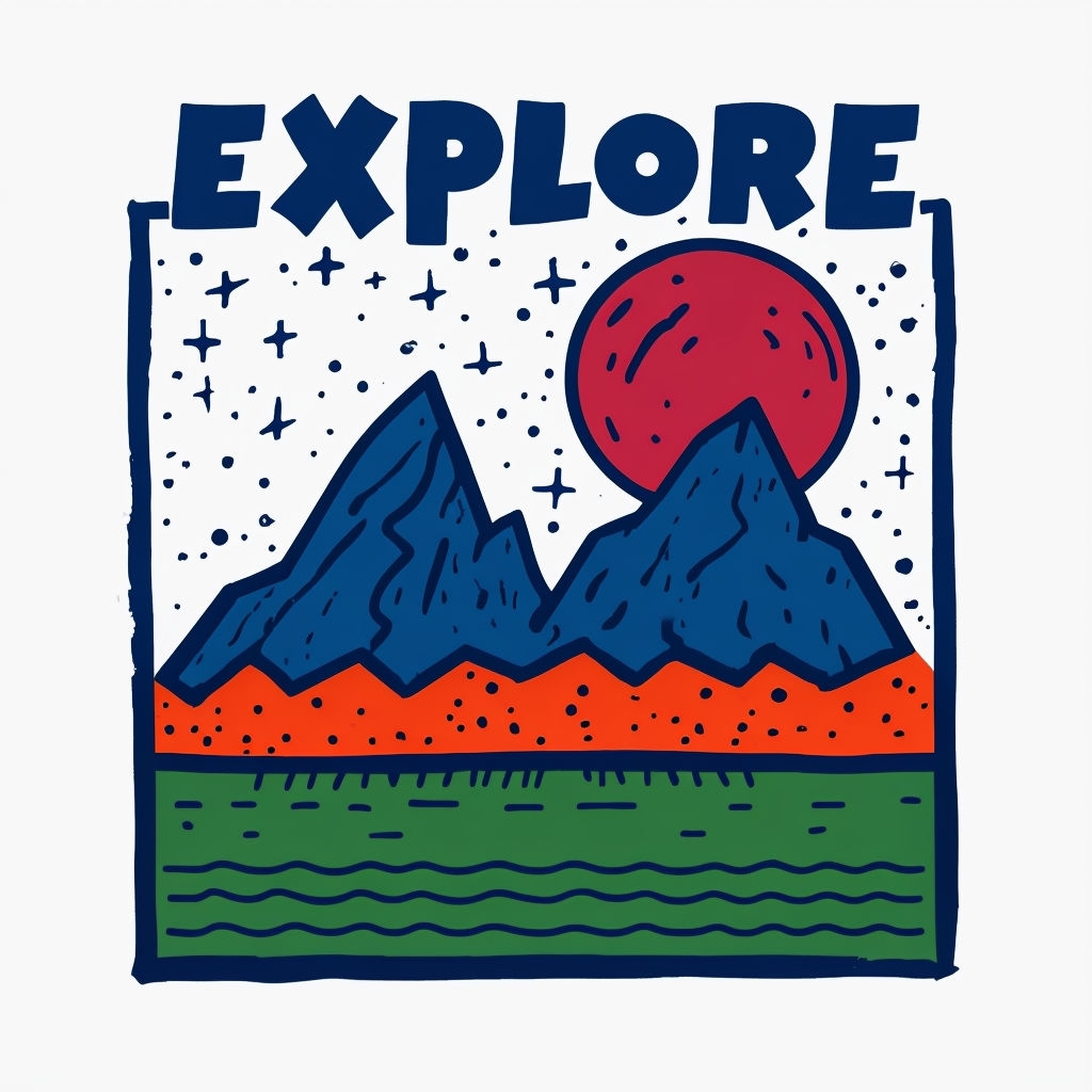Bold Cartoon 'EXPLORE' Illustration with Mountains T-shirt