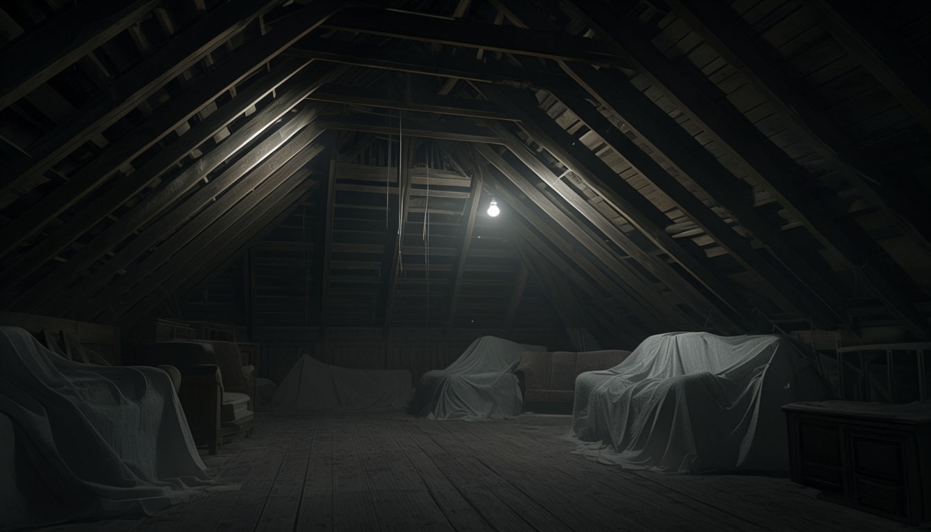 Dimly Lit Attic with Dusty Furniture and Exposed Beams Virtual Background