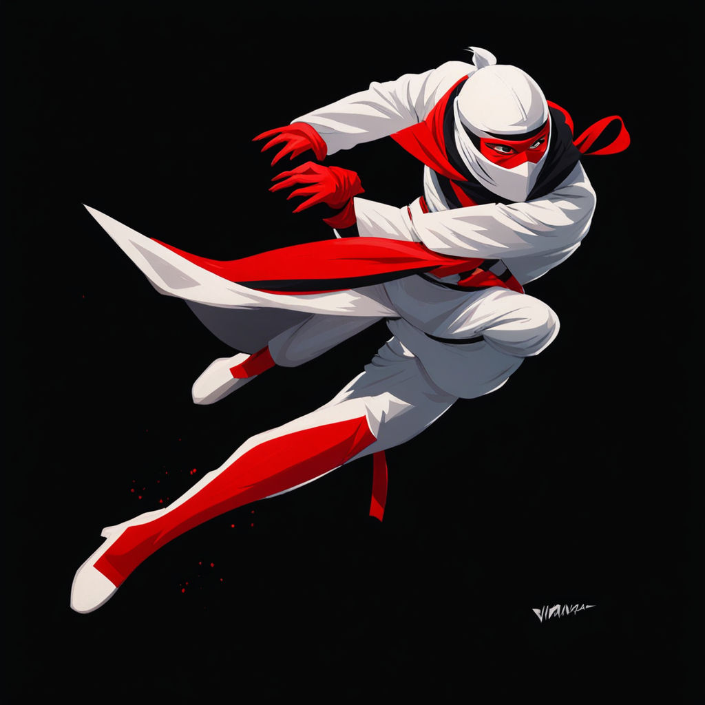 A ninja in white suit and red details jumping ready to throw... by ...