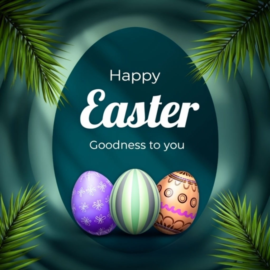 Vibrant Easter Card Design with Palm Fronds and Colorful Eggs Social Media Post