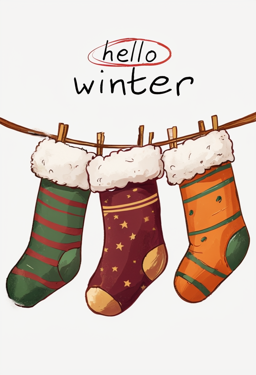 Colorful Cartoon Christmas Stockings Illustration with 'Hello Winter' Text Art Poster