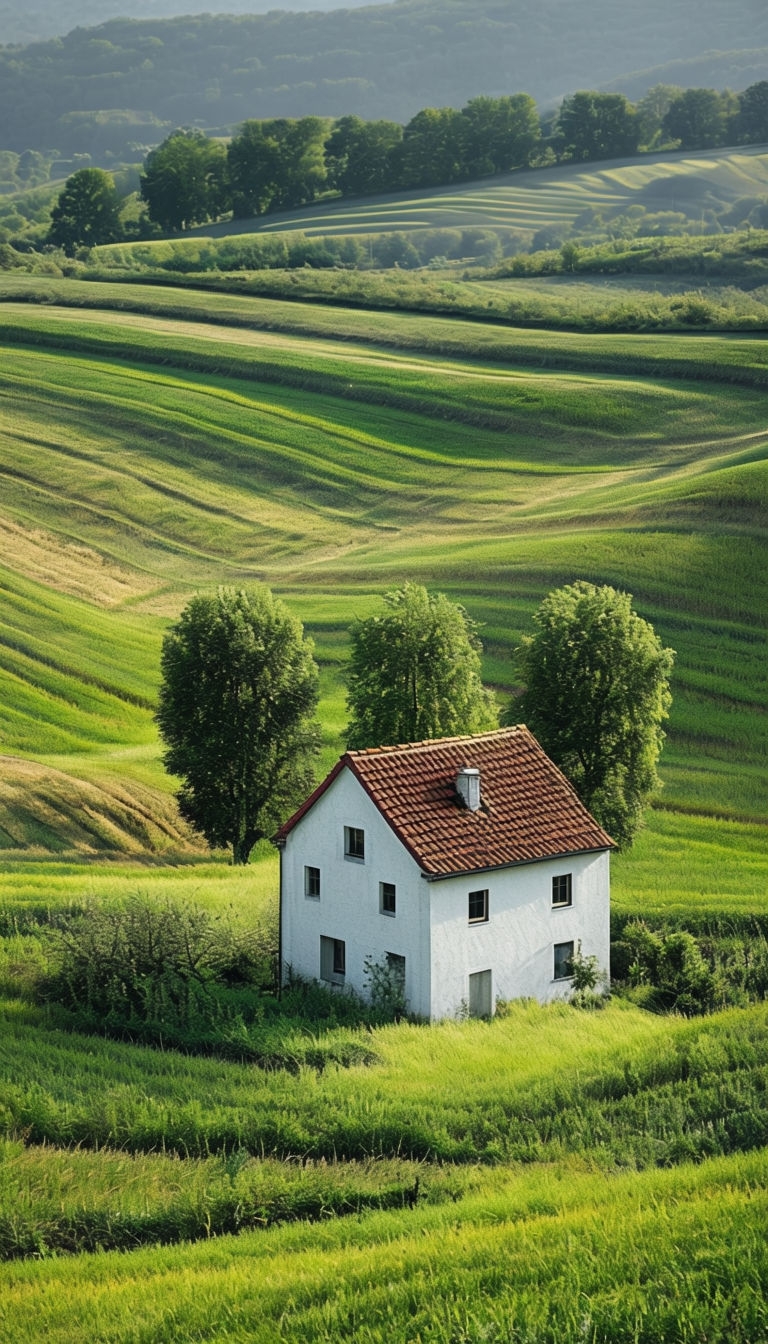 Charming White House with Crimson Roof in Serene Landscape Mobile Wallpaper