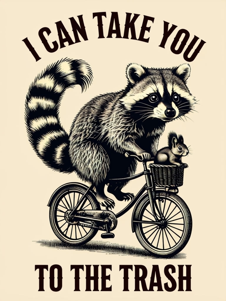 Whimsical Raccoon on Bicycle with Squirrel Illustration Poster