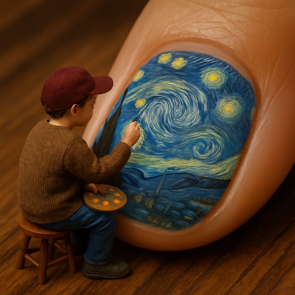 Whimsical Miniature Boy Painting Starry Night Nail Art Photograph Art