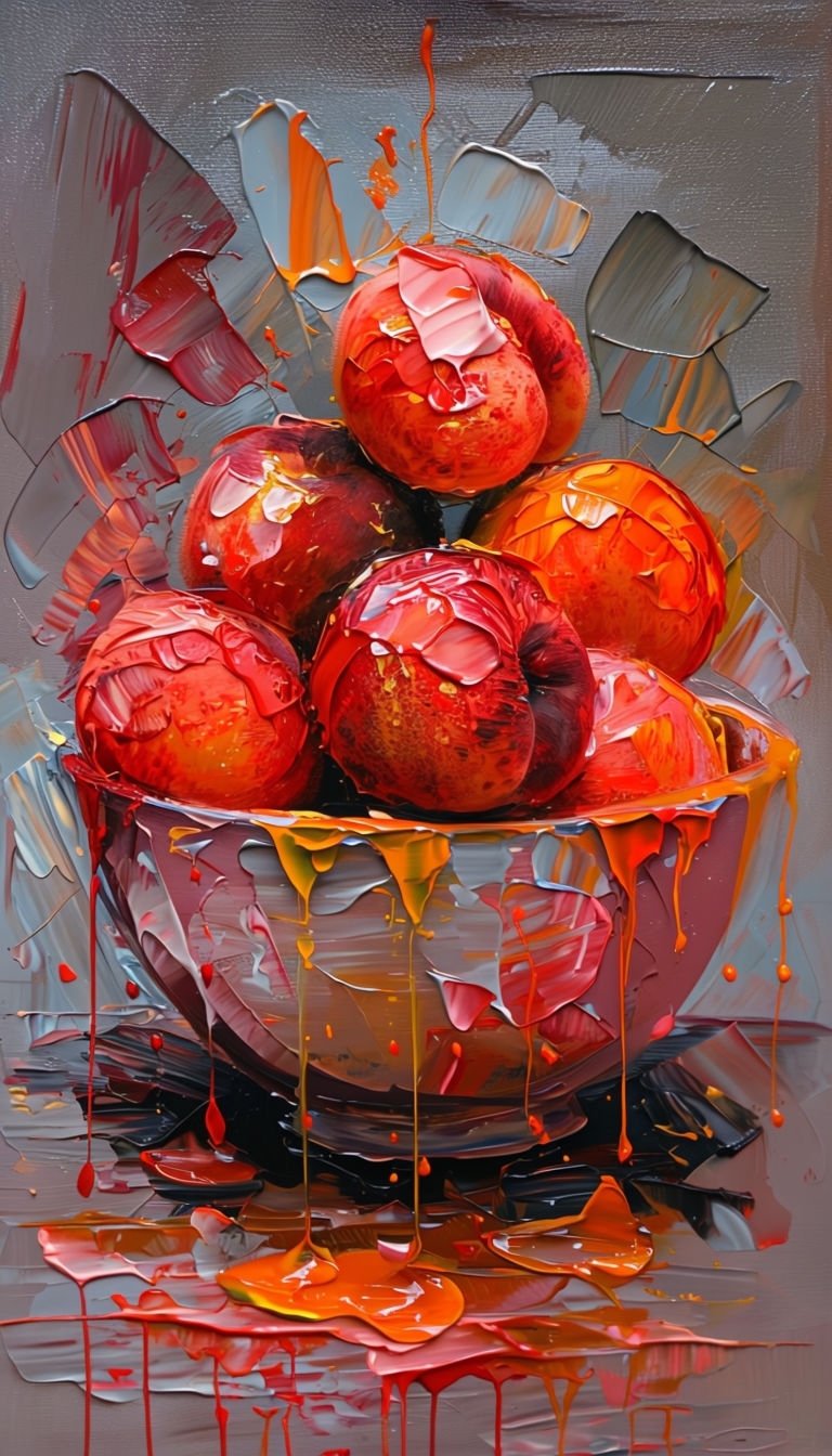 Vibrant Abstract Still Life of Ripe Peaches in Oil Painting Mobile Wallpaper