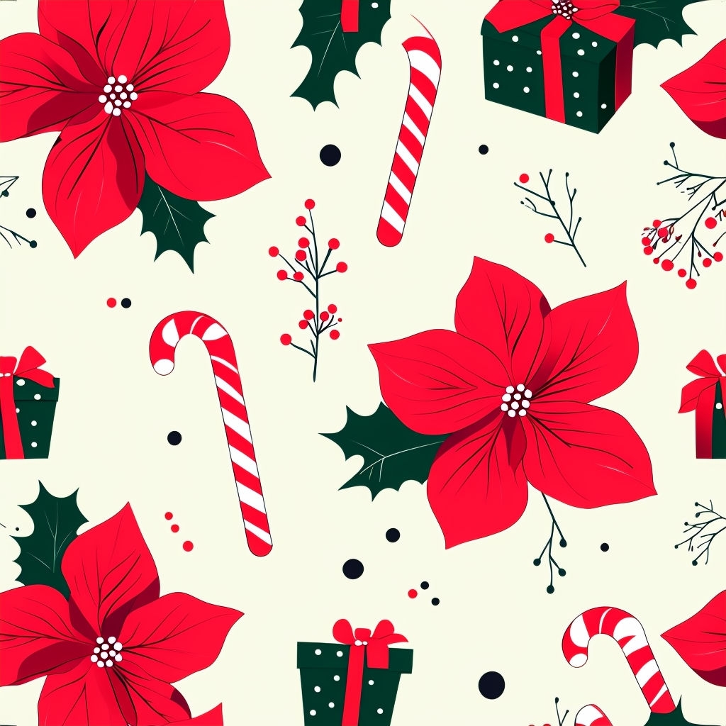 Festive Christmas Poinsettia and Holly Seamless Pattern