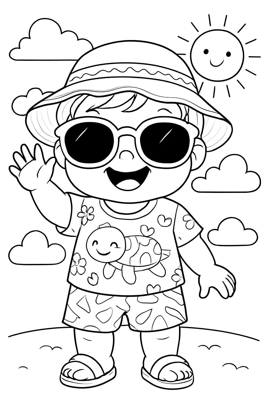 Cheerful Toddler Waving in Summer Scene Coloring Book Page