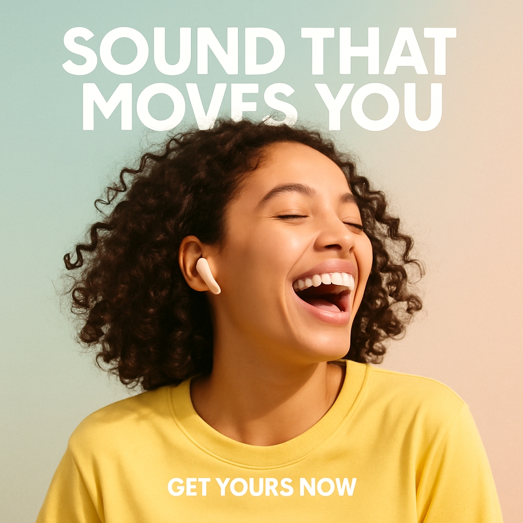 Joyful Young Woman Promoting Wireless Earbuds Advertisement