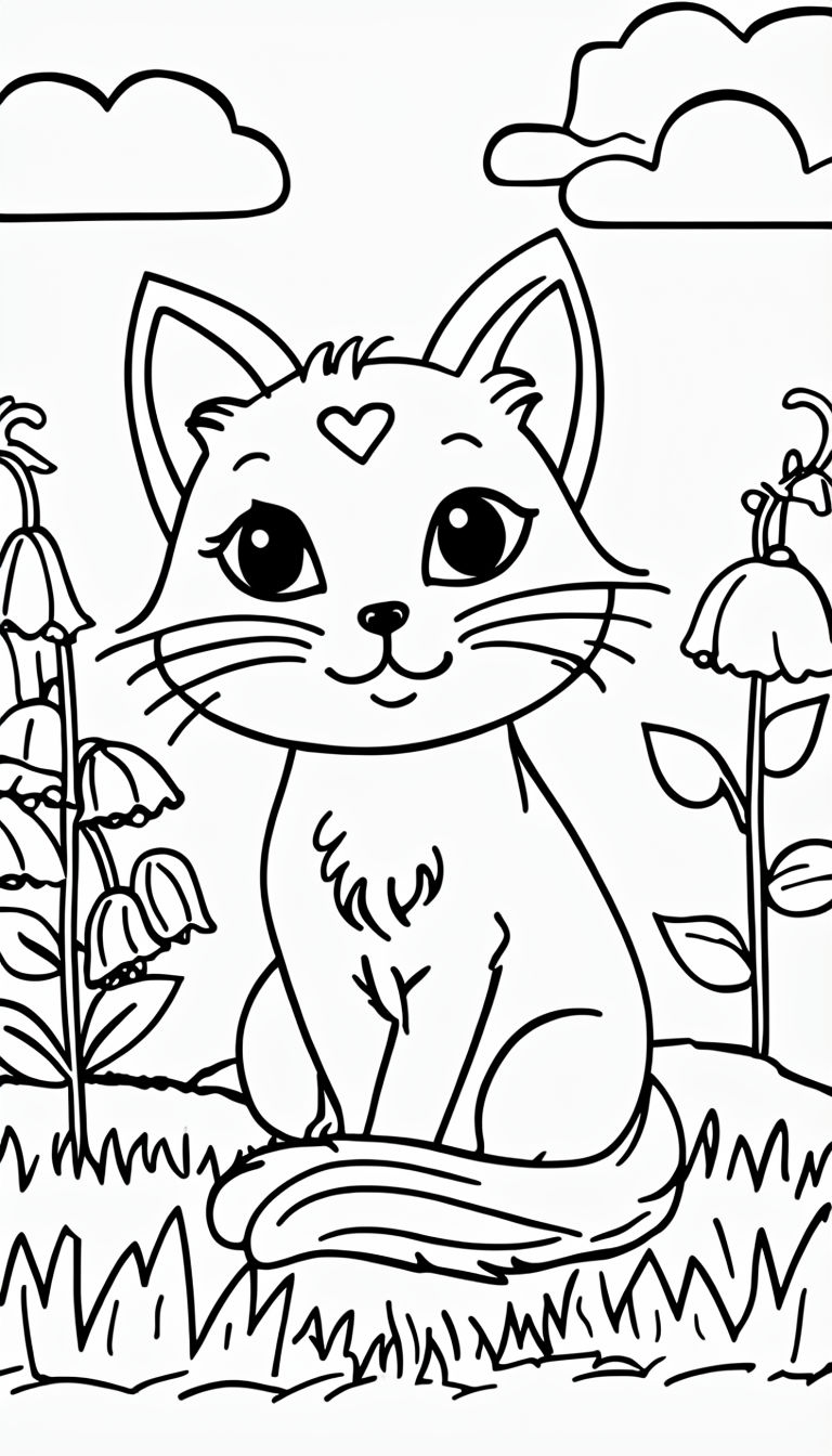 Cute Cartoon Cat in Garden Coloring Page Mobile Wallpaper