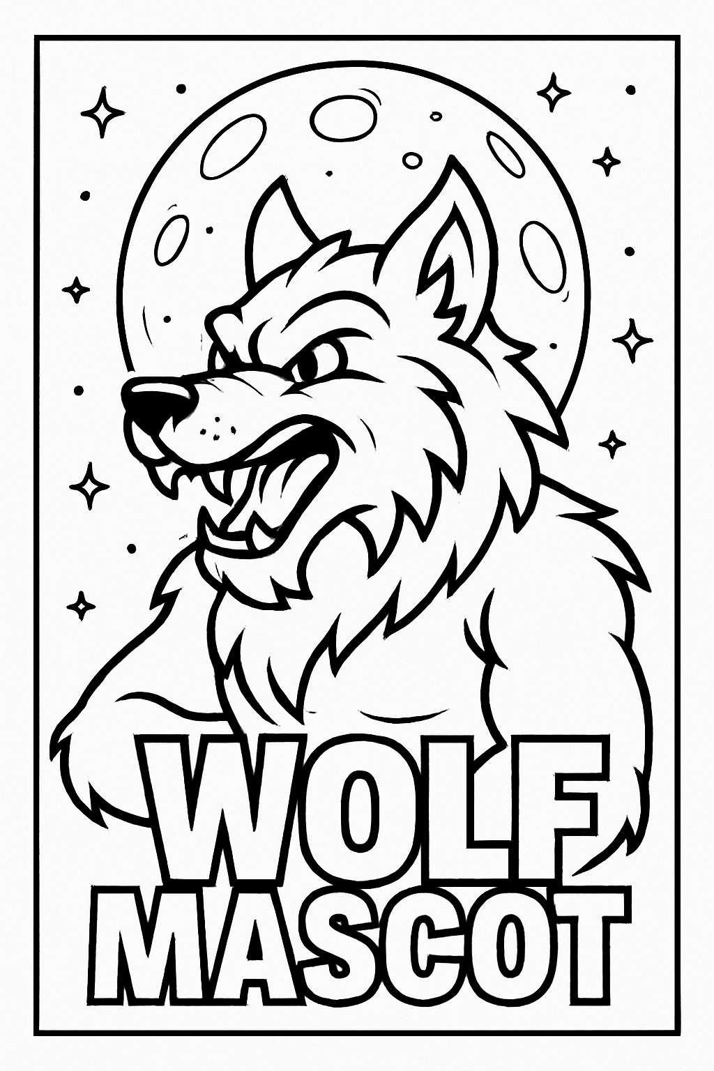 Fierce Black and White Wolf Mascot Illustration for Coloring Book Pages