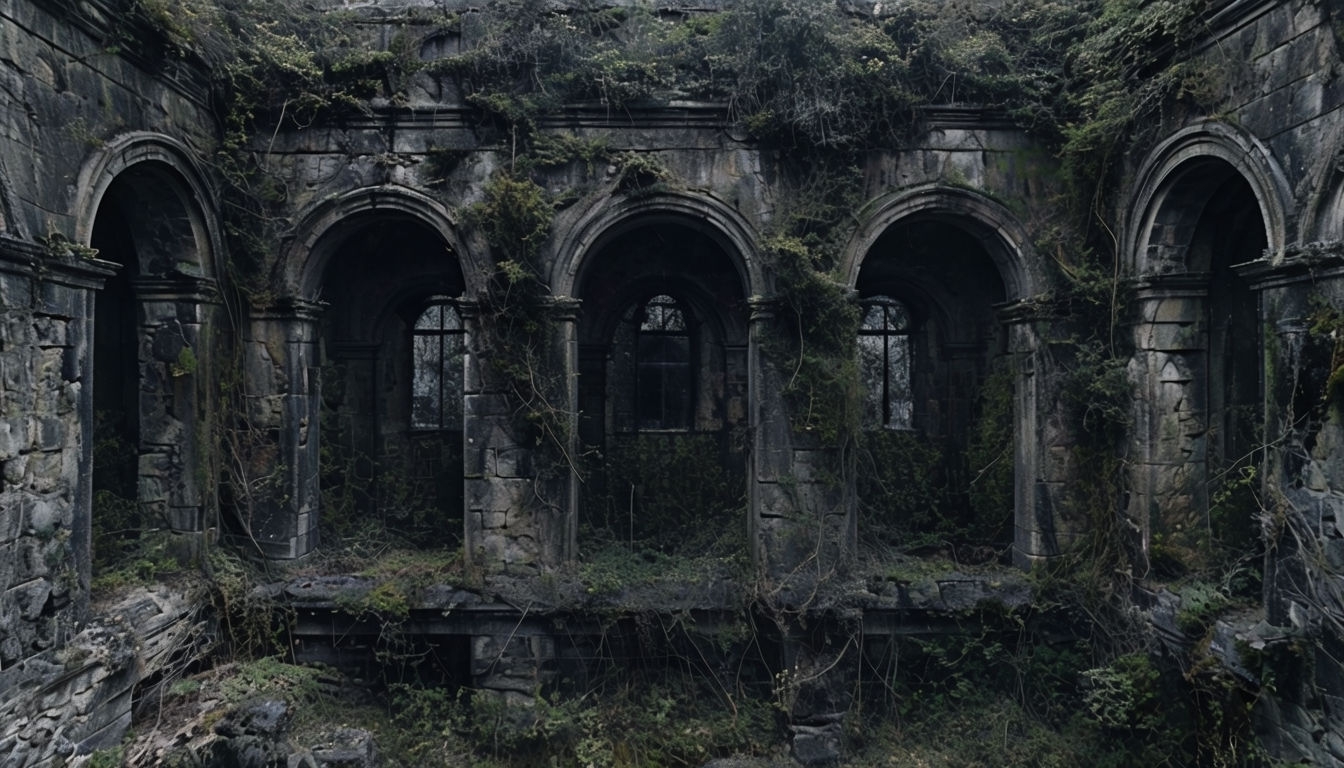 Hauntingly Overgrown Stone Building Virtual Background