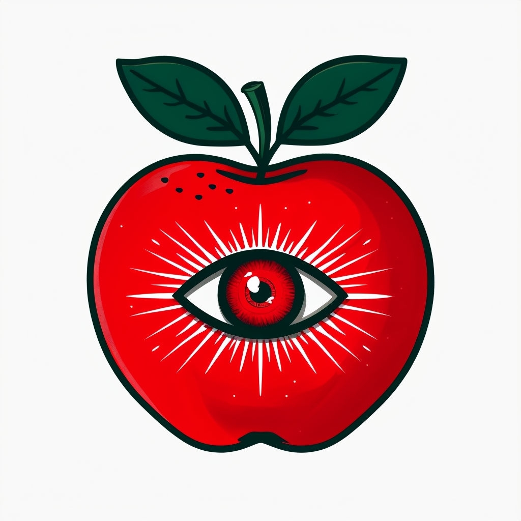 Surreal Red Apple with Eye and Green Leaves Sticker