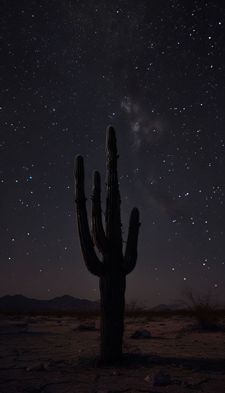 Solitary Cactus Under Starry Night Sky Mobile Wallpaper
