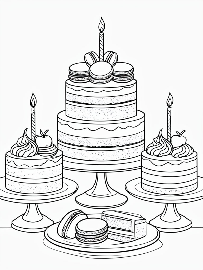 Elegant Cakes Line Art for Kids Coloring Book Pages