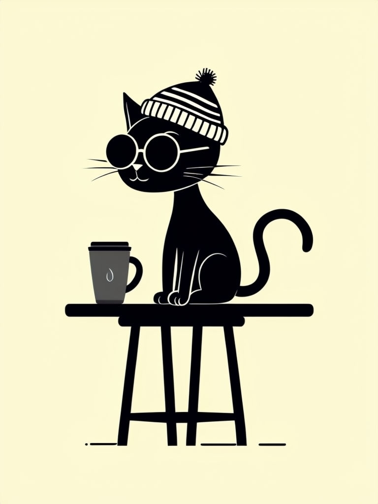 Minimalist Black Cat with Coffee Cup Graphic T-Shirt