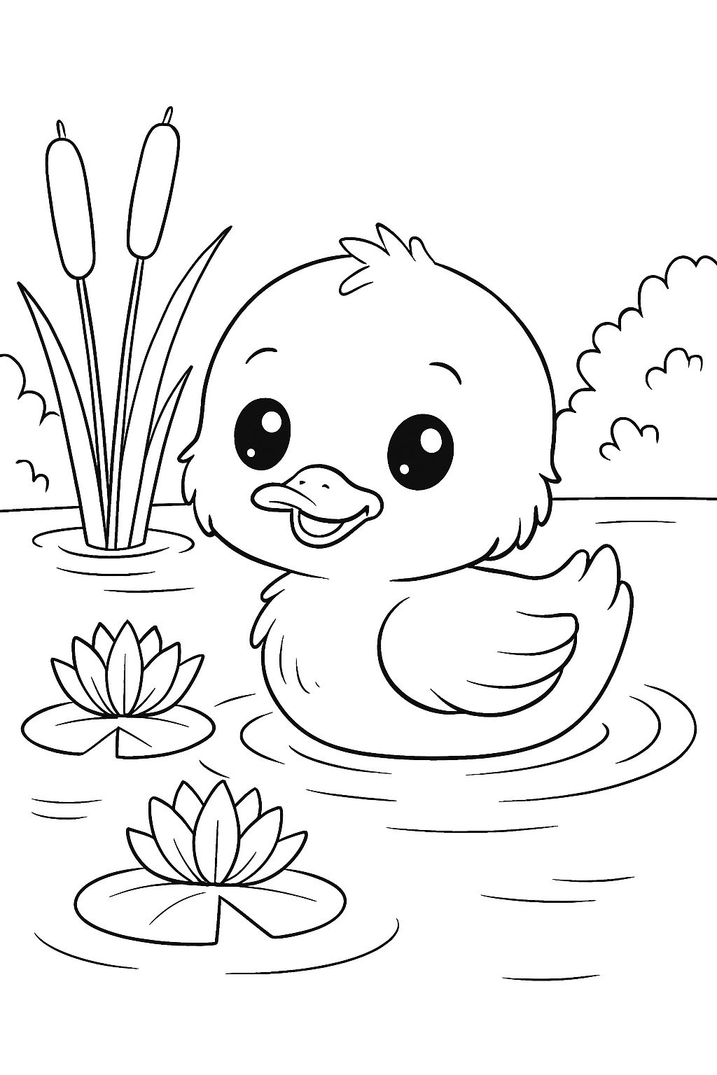 Cute Cartoon Duckling Swimming in a Pond Coloring Page