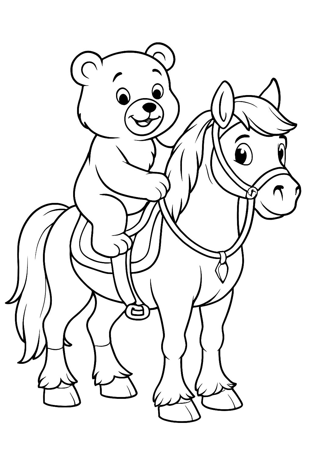 Cute Bear Riding Pony Black and White Coloring Page