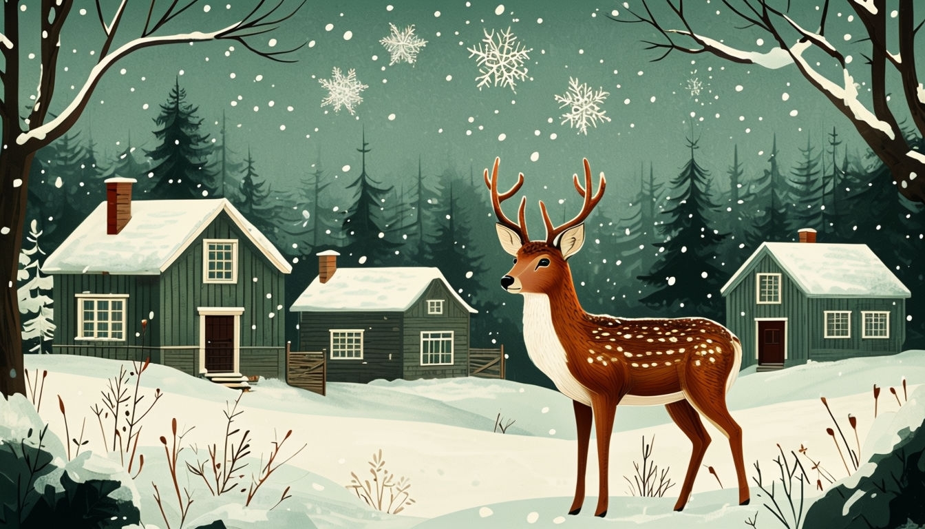 Whimsical Winter Landscape with Vivid Deer and Cozy Houses Background ...