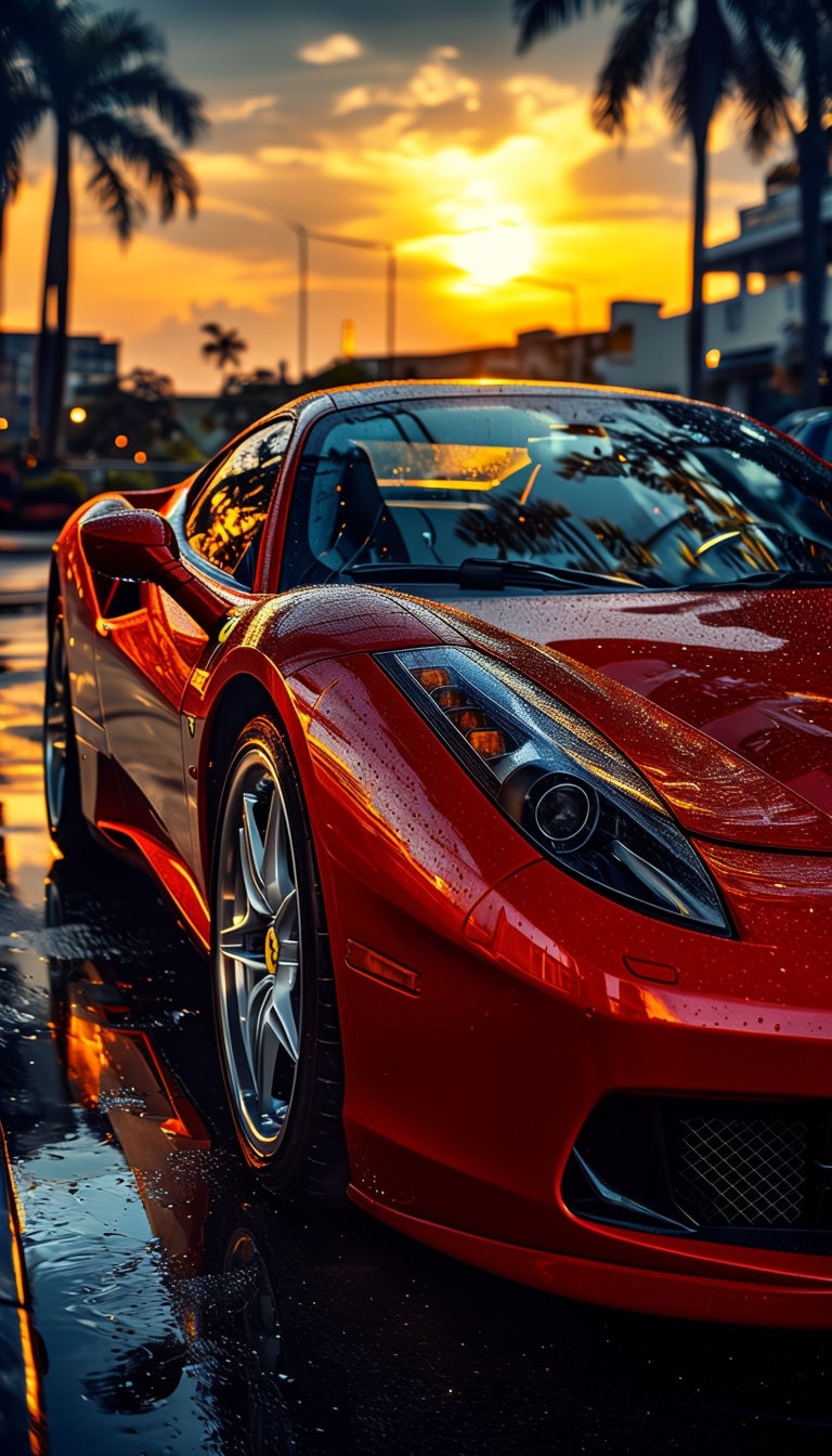 Striking Red Sports Car with Sunset Reflection Mobile Wallpaper
