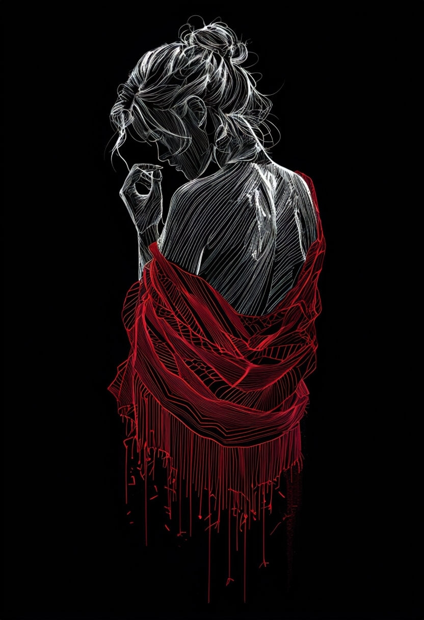 Somber Elegant Figure in Crimson Shawl Digital Artwork Art
