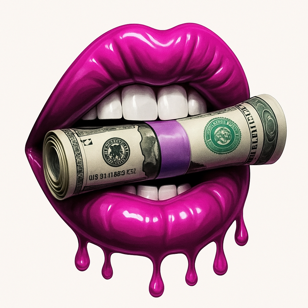 Glossy Magenta Lips with Dollar Bill and Droplets Sticker