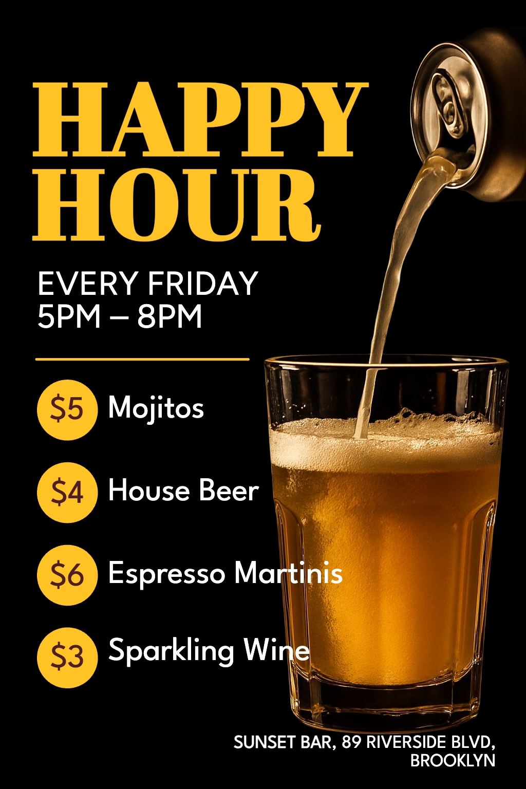Happy Hour Event Poster for Sunset Bar in Brooklyn Flyers