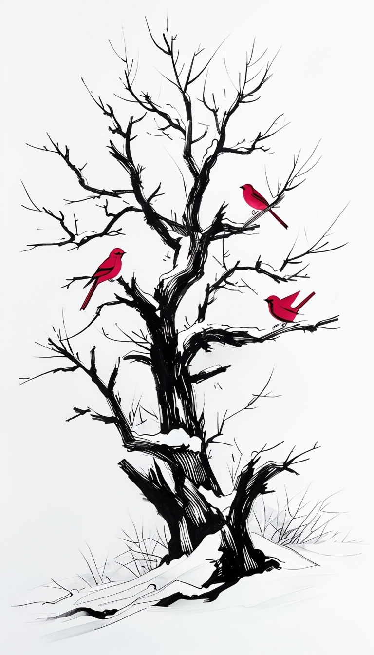 Winter Tree with Red Birds Atmospheric Illustration Art