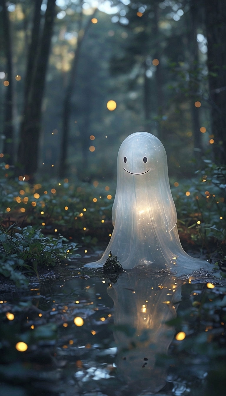 Enchanted Glowing Ghost in a Serene Forest Scene Mobile Wallpaper