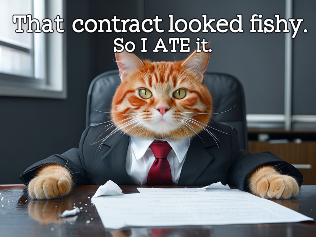 Comedic Ginger Tabby Cat in Suit with Funny Contract Joke Meme