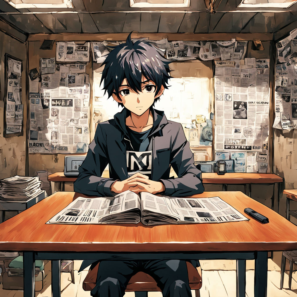 Intelligent Teen Anime Boy sitting with deep thought. Behind him the world  is shattering into pieces.