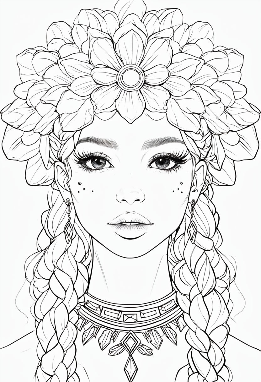 Elegant Ethereal Female Figure with Floral Headdress Coloring Book Pages