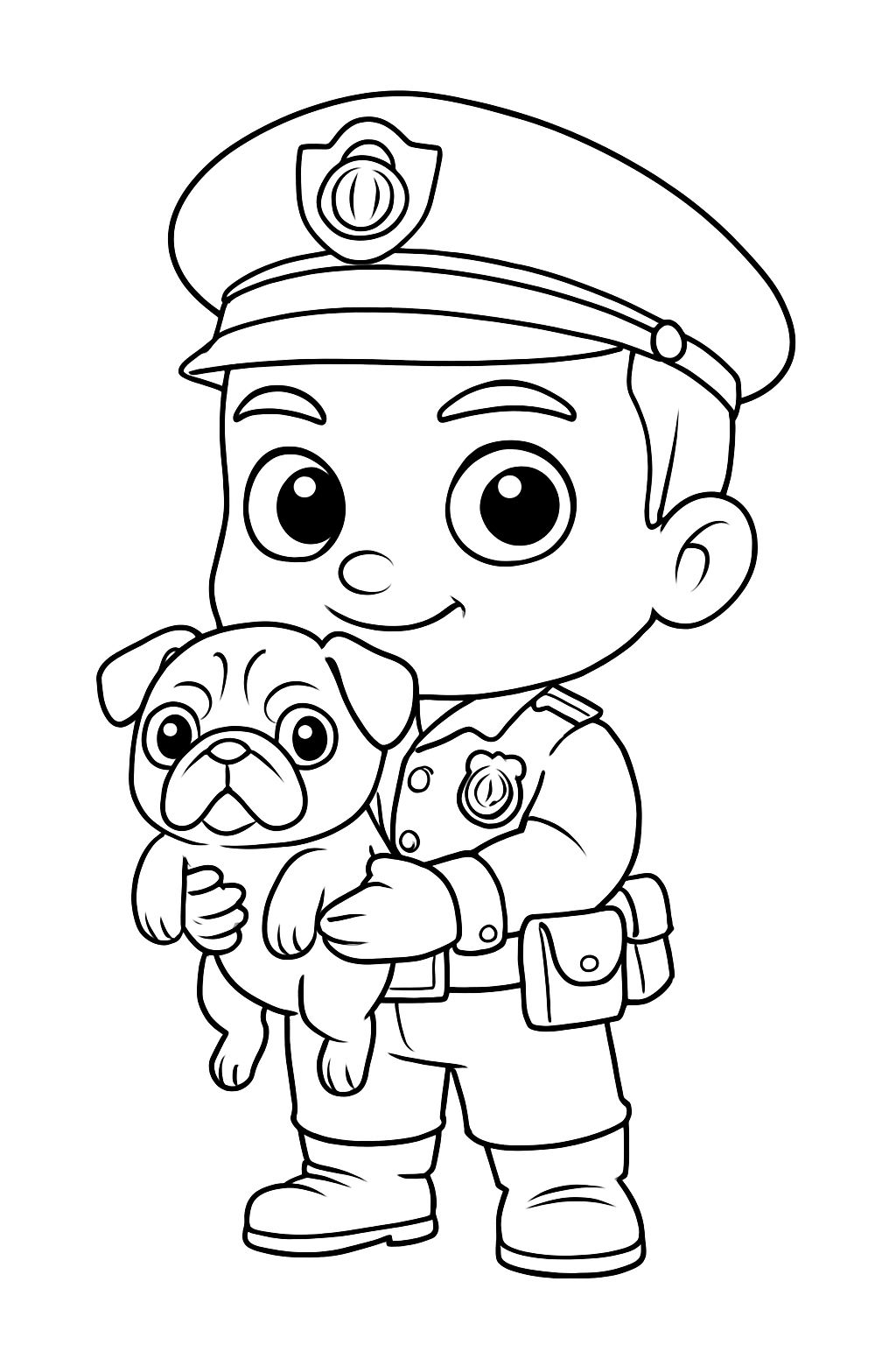 Joyful Cartoon Boy in Police Uniform with Pug Coloring Page