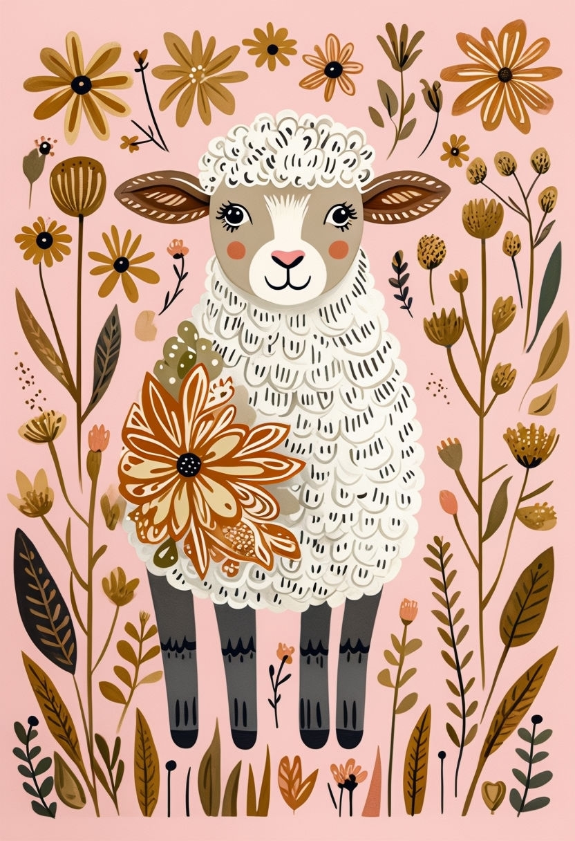 Whimsical Folk Art Sheep Illustration with Floral Elements Art