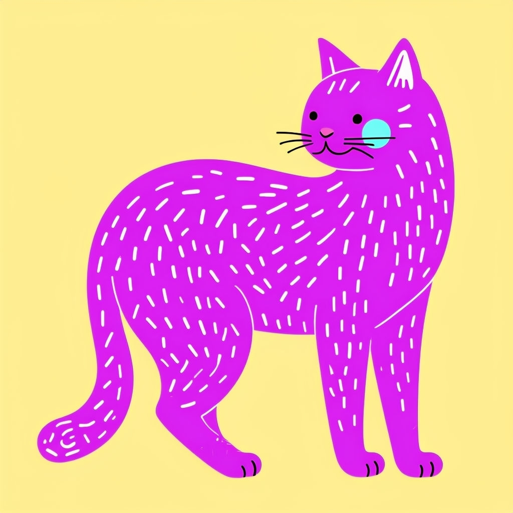 Vibrant Cartoon Purple Cat Illustration on Yellow Background T-shirt