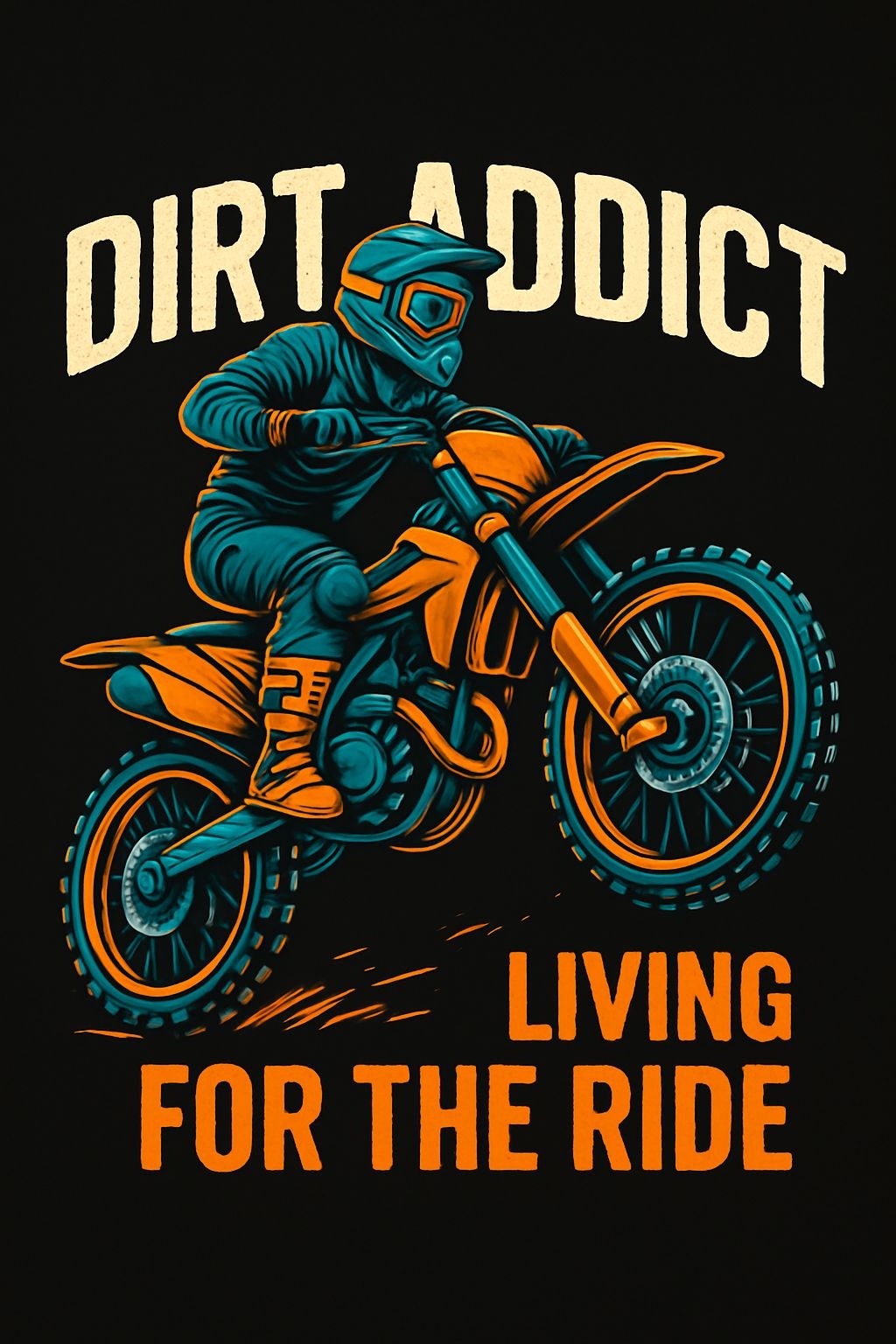 Dynamic Motocross Rider in Teal and Orange Gear T-Shirt