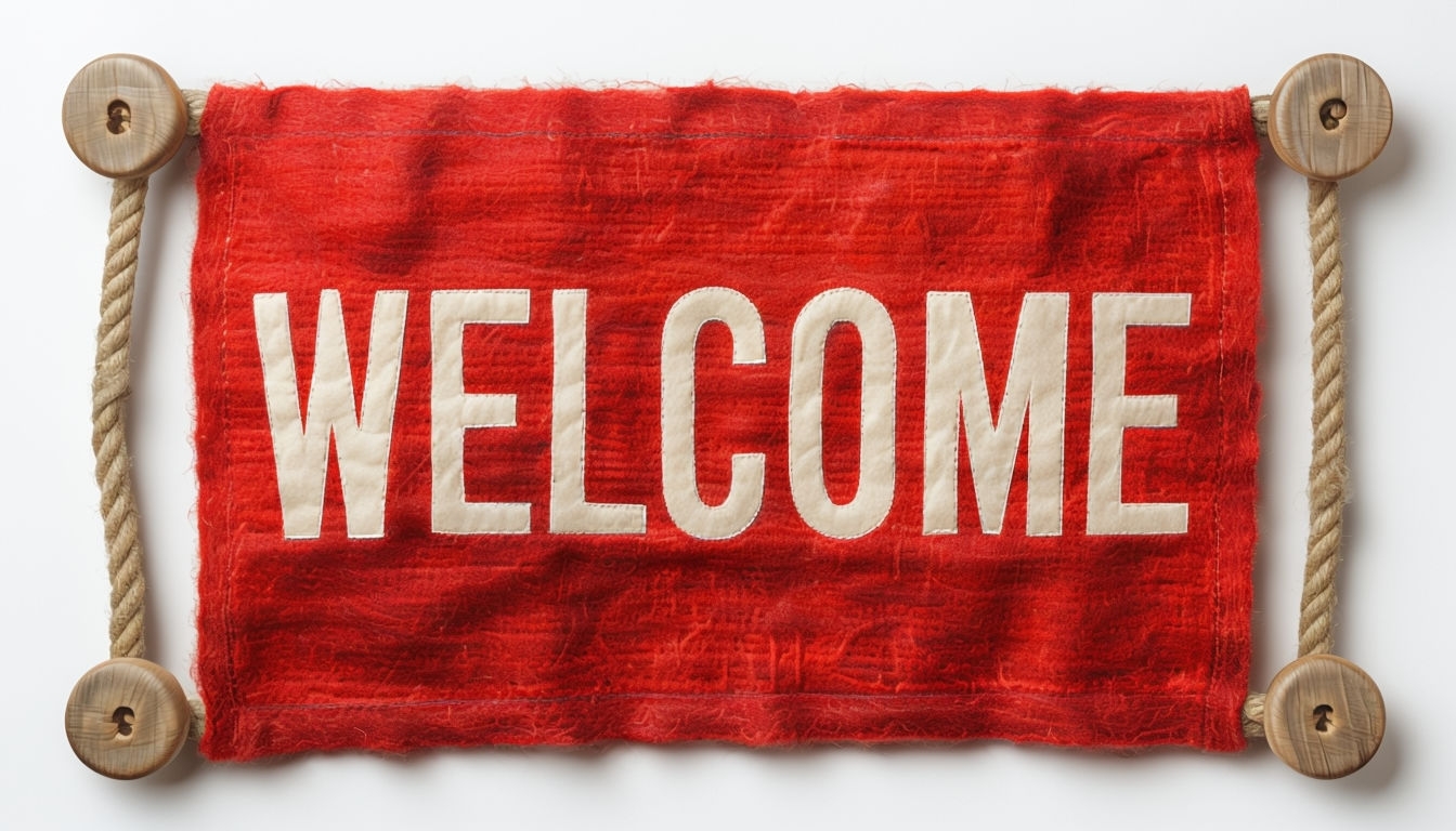 Welcoming Deep Red Fabric Banner with Cream Letters Social Media Post