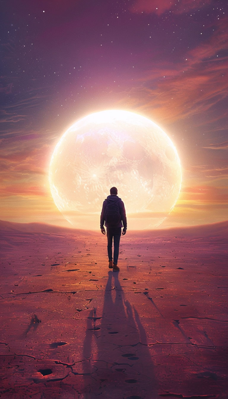 Lone Traveler Towards Radiant Sun Digital Art Poster