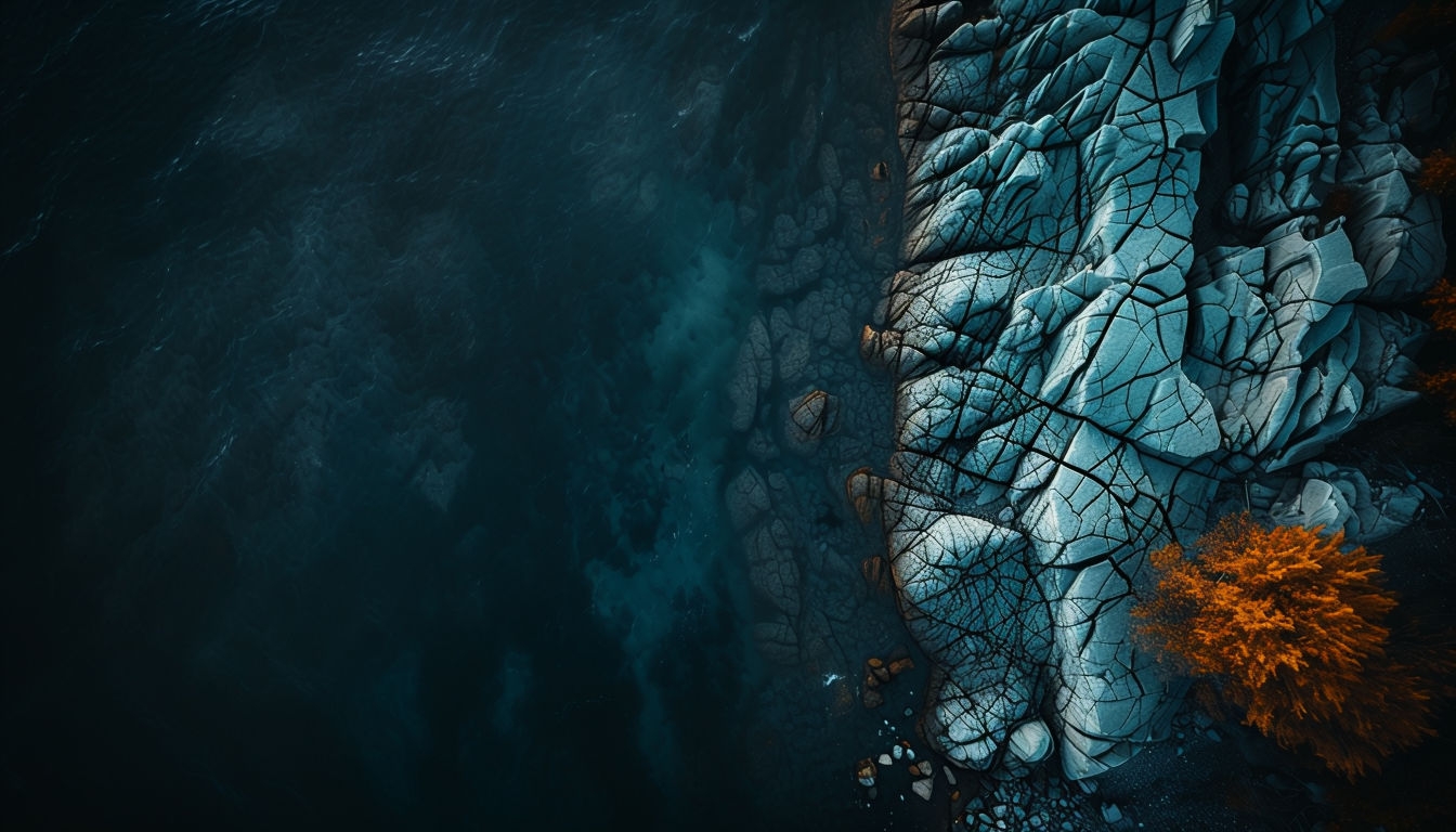 Dramatic Aerial Landscape with Dark Water and Rugged Shoreline Virtual Backgrounds