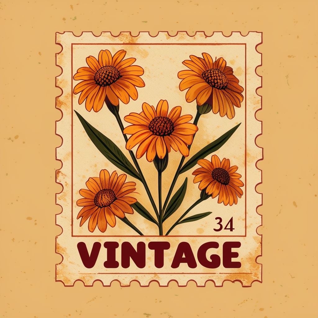 Vintage Postage Stamp with Golden-Orange Daisies Poster