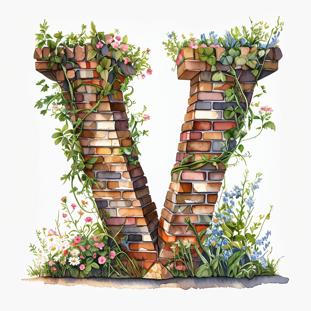 Whimsical Watercolor Letter V with Floral and Brick Elements Monogram